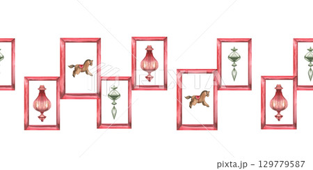 Christmas vintage seamless border with small pictures of horse and Christmas tree decor in red frames. Hand drawn wall decoration elements,new year retro festive design for packing,poster design Christmas vintage seamless border with small pictures of horse and Christmas tree decor in red frames. Hand drawn wall decoration elements,new year retro festive design for packing,poster design 129779587