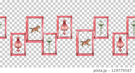 Christmas vintage seamless border with small pictures of horse and Christmas tree decor in red frames. Hand drawn wall decoration elements,new year retro festive design for packing,poster design Christmas vintage seamless border with small pictures of horse and Christmas tree decor in red frames. Hand drawn wall decoration elements,new year retro festive design for packing,poster design 129779587