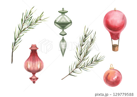 Christmas tree traditional decor watercolor set with red and green glass vintage balls,evergreen spruce branches illustration. Isolated New year festive elements for retro card,poster, fabric design. 129779588