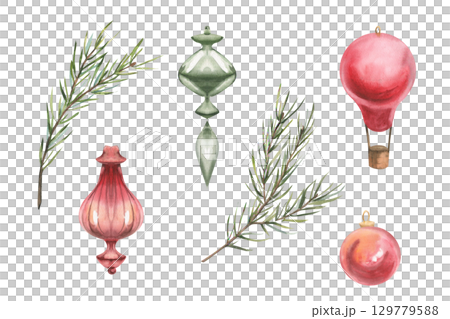 Christmas tree traditional decor watercolor set with red and green glass vintage balls,evergreen spruce branches illustration. Isolated New year festive elements for retro card,poster, fabric design. 129779588