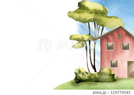 Red bricks tiny cottage on green grass-plot with trees and bushes and blue sky background watercolor illustration. Hand drawn summer village banner template for estate poster,web design Red bricks tiny cottage on green grass-plot with trees and bushes and blue sky background watercolor illustration. Hand drawn summer village banner template for estate poster,web design 129779591