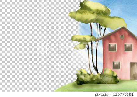 Red bricks tiny cottage on green grass-plot with trees and bushes and blue sky background watercolor illustration. Hand drawn summer village banner template for estate poster,web design Red bricks tiny cottage on green grass-plot with trees and bushes and blue sky background watercolor illustration. Hand drawn summer village banner template for estate poster,web design 129779591