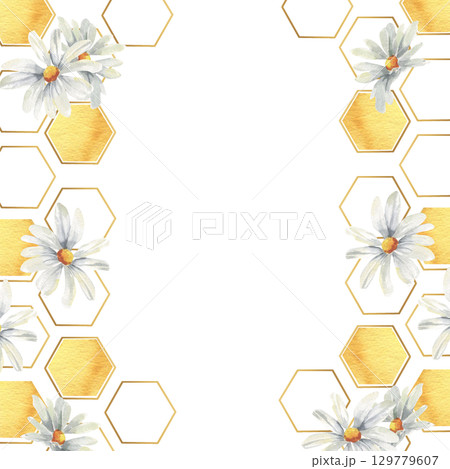Honey golden combs watercolor banner with yellow and graphics hexagons and white field daisy flowers illustration. Hand drawn organic food frame for product packing, seasonal and festive menu design Honey golden combs watercolor banner with yellow and graphics hexagons and white field daisy flowers illustration. Hand drawn organic food frame for product packing, seasonal and festive menu design 129779607
