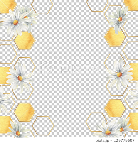 Honey golden combs watercolor banner with yellow and graphics hexagons and white field daisy flowers illustration. Hand drawn organic food frame for product packing, seasonal and festive menu design Honey golden combs watercolor banner with yellow and graphics hexagons and white field daisy flowers illustration. Hand drawn organic food frame for product packing, seasonal and festive menu design 129779607