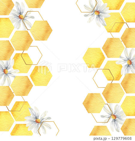 Yellow honey combs and white daisy illustration in watercolor frame template. Hand drawn banner with golden hexagons and field flowers for poster, invitation,logo design. Organic sweet food from bees Yellow honey combs and white daisy illustration in watercolor frame template. Hand drawn banner with golden hexagons and field flowers for poster, invitation,logo design. Organic sweet food from bees 129779608