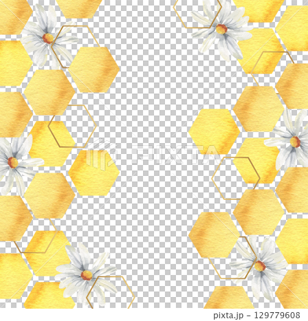 Yellow honey combs and white daisy illustration in watercolor frame template. Hand drawn banner with golden hexagons and field flowers for poster, invitation,logo design. Organic sweet food from bees Yellow honey combs and white daisy illustration in watercolor frame template. Hand drawn banner with golden hexagons and field flowers for poster, invitation,logo design. Organic sweet food from bees 129779608
