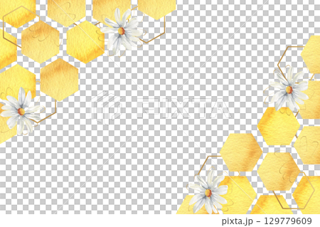 Yellow organic honey watercolor banner with golden hexagons and field white daisy flowers illustration. Hand drawn geometric frame with hexagons and floral elements,chamomile and combs for card design 129779609