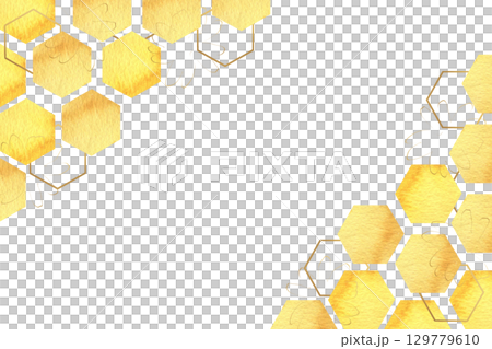 Honey combs and golden graphics elements in watercolor frame template. Hand drawn geometric banner with yellow and gold hexagons and floral elements for poster, card, invitation design 129779610