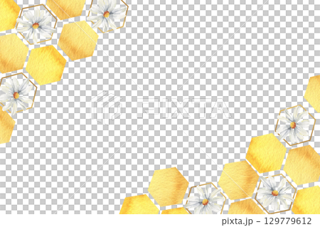 Yellow honey comb with white daisy flowers watercolor banner template. Hand drawn golden hexagons frame, geometric clipart with organic sweet food and field floral elements for packing,poster design Yellow honey comb with white daisy flowers watercolor banner template. Hand drawn golden hexagons frame, geometric clipart with organic sweet food and field floral elements for packing,poster design 129779612
