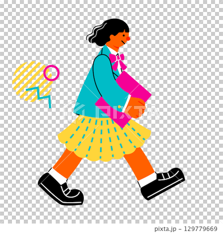 A pop and colorful illustration of a female student walking energetically while carrying a file 129779669