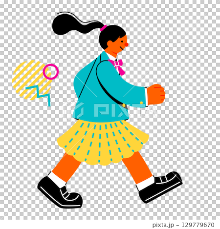 充滿活力行走的女學生的流行且色彩鮮豔的插圖 129779670