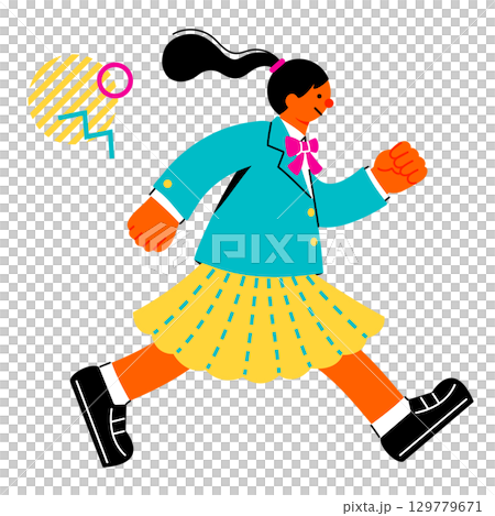 充滿活力奔跑的女學生的流行且色彩鮮豔的插圖 129779671