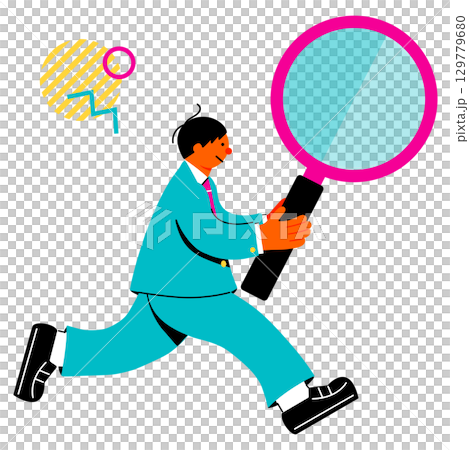 A pop and colorful illustration of a male student holding a large magnifying glass 129779680
