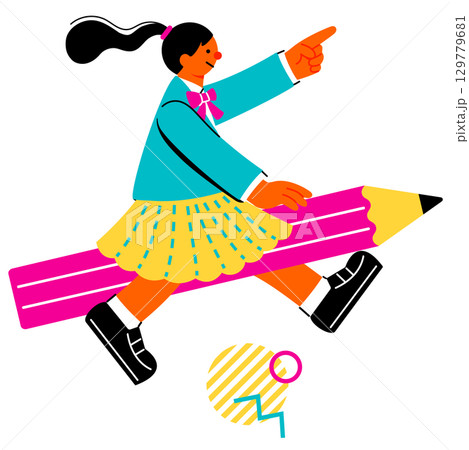 大きな鉛筆に乗って前方を指差している女子学生のポップでカラフルなイラスト 大きな鉛筆に乗って前方を指差している女子学生のポップでカラフルなイラスト 129779681