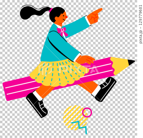 A pop and colorful illustration of a female student standing on a large pencil and pointing forward A pop and colorful illustration of a female student standing on a large pencil and pointing forward 129779681