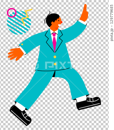 ジャンプして喜んでいる男子学生のポップでカラフルなイラスト ジャンプして喜んでいる男子学生のポップでカラフルなイラスト 129779685