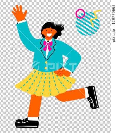 笑顔で手を挙げている女子学生のポップでカラフルなイラスト 129779693