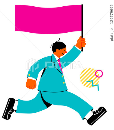 大きな旗を持って走る男子学生のポップでカラフルなイラスト 大きな旗を持って走る男子学生のポップでカラフルなイラスト 129779696