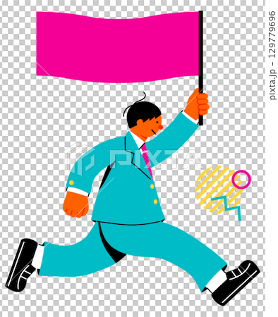 大きな旗を持って走る男子学生のポップでカラフルなイラスト 大きな旗を持って走る男子学生のポップでカラフルなイラスト 129779696