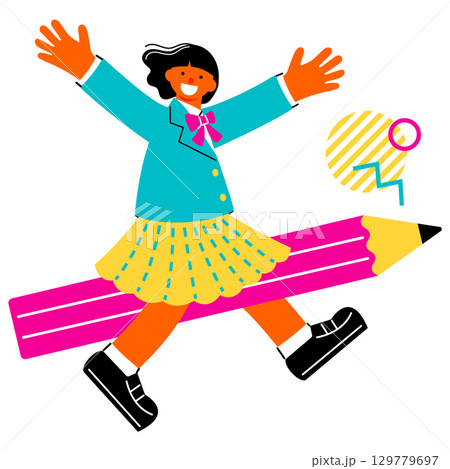 大きな鉛筆に乗って両手を広げている女子学生のポップでカラフルなイラスト 129779697