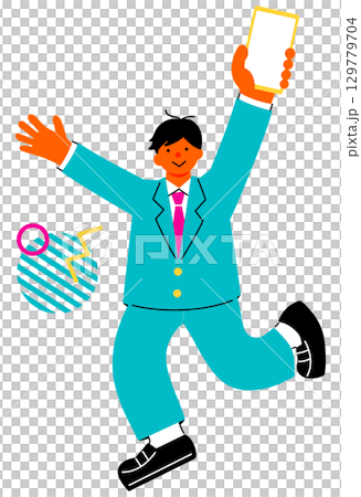 A pop and colorful illustration of a male student happily holding his smartphone up high 129779704