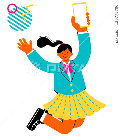 スマホを高く掲げて喜んでいる女子学生のポップでカラフルなイラスト 129779706