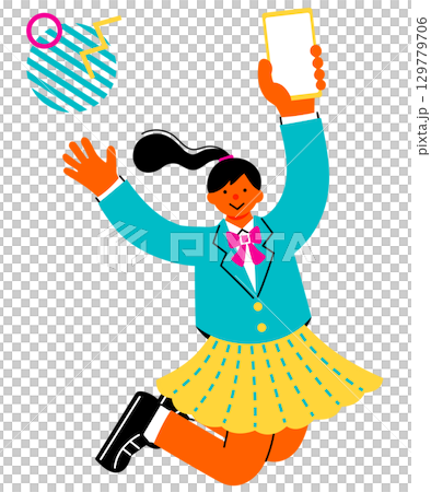 スマホを高く掲げて喜んでいる女子学生のポップでカラフルなイラスト 129779706