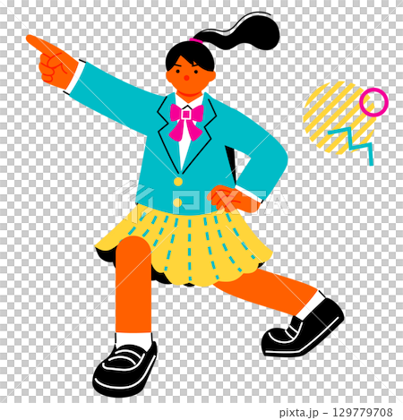 一幅色彩鮮豔的流行插畫，描繪的是一位女學生指向自己的目標 129779708