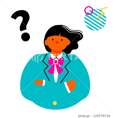腕組みをして考えている女子学生のポップでカラフルなイラスト 129779710