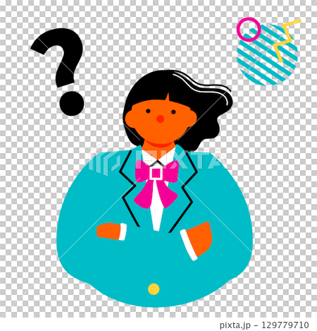 腕組みをして考えている女子学生のポップでカラフルなイラスト 129779710