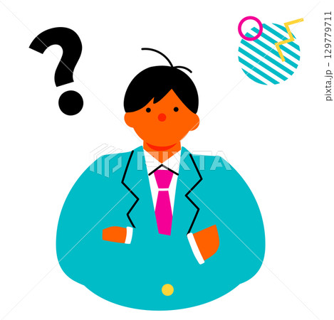 腕組みをして考えている男子学生のポップでカラフルなイラスト 129779711