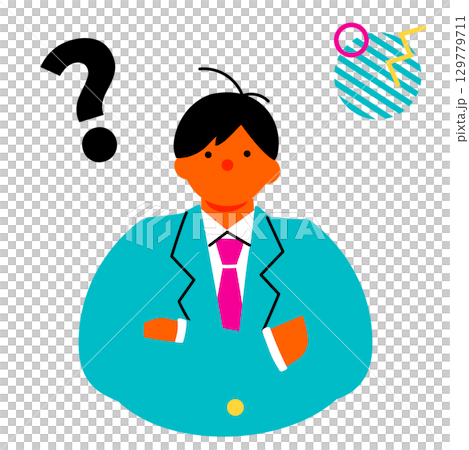腕組みをして考えている男子学生のポップでカラフルなイラスト 129779711