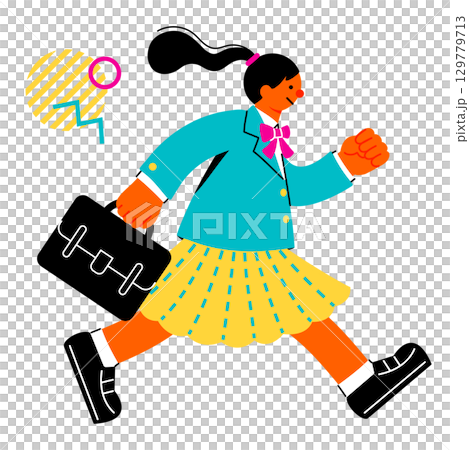 学生鞄を持って元気に走る女子学生のポップでカラフルなイラスト 129779713