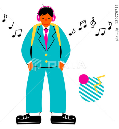 ヘッドホンで音楽を聞いている男子学生のポップでカラフルなイラスト 129779715