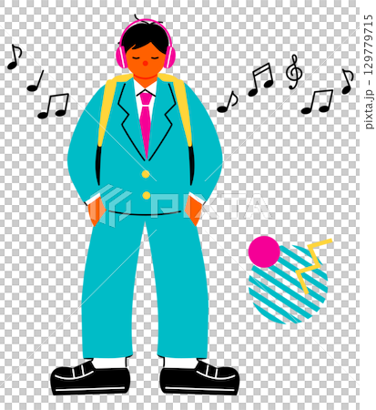 一位男學生戴著耳機聽音樂的流行彩色插圖 129779715
