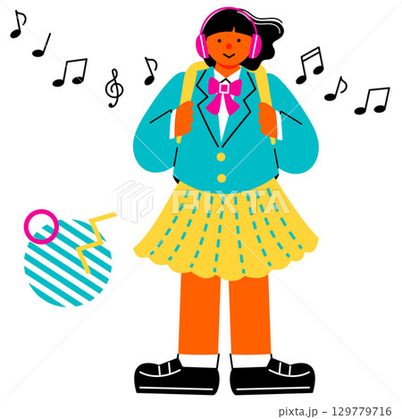 ヘッドホンで音楽を聞いている女子学生のポップでカラフルなイラスト 129779716