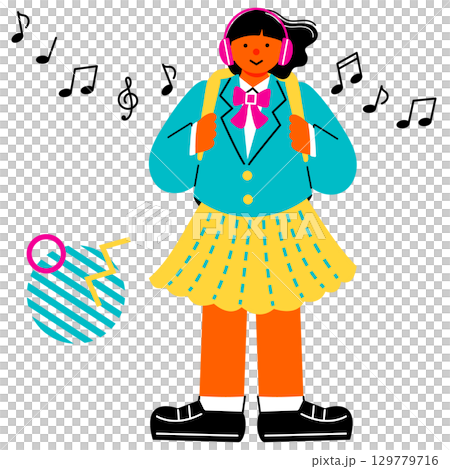ヘッドホンで音楽を聞いている女子学生のポップでカラフルなイラスト 129779716