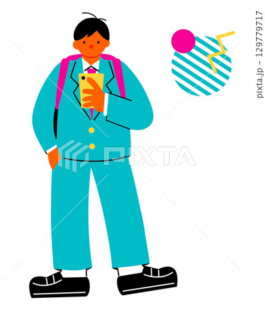 立ってスマホを見ている男子学生のポップでカラフルなイラスト 129779717