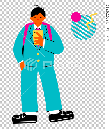 一幅色彩鮮豔的流行插圖，描繪的是一名男學生站著看智慧型手機 129779717