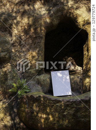 Book mockup on natural stone background outdoors, blank cover for design, branding, education, storytelling, creativity, and inspirational concepts 129779724