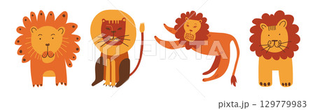 Funny Lion with Pretty Muzzle and Mane Vector Set 129779983