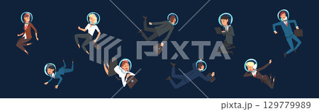 Business Man and Woman Character in Suit and Astronaut Helmet Flying in Outer Space Vector Set 129779989