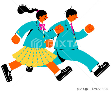 元気に走る女子学生と男子学生のポップでカラフルなイラスト 元気に走る女子学生と男子学生のポップでカラフルなイラスト 129779990