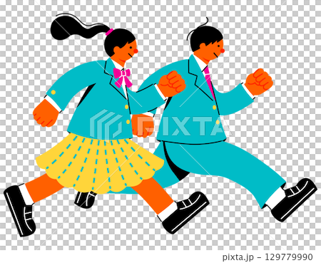 充滿活力奔跑的男女學生的流行且色彩鮮豔的插圖 129779990