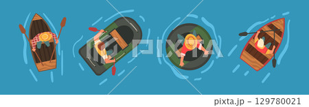 Man Rafting on Inflatable Raft and Wooden Boat with Paddle or Oar Above View Vector Set 129780021