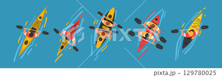 Man Rafting and Kayaking on Inflatable Boat with Paddle or Oar Above View Vector Set 129780025