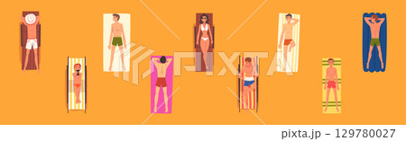 Man and Woman Sunbathing on Sandy Beach Lying on Blanket Top View Vector Set 129780027