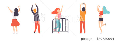 Man and Woman at Open Air Music Festival Vector Set 129780094