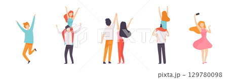 Man and Woman at Open Air Music Festival Vector Set 129780098
