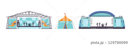 Open Air Music Festival with Stage and Band Performers Vector Set Open Air Music Festival with Stage and Band Performers Vector Set 129780099